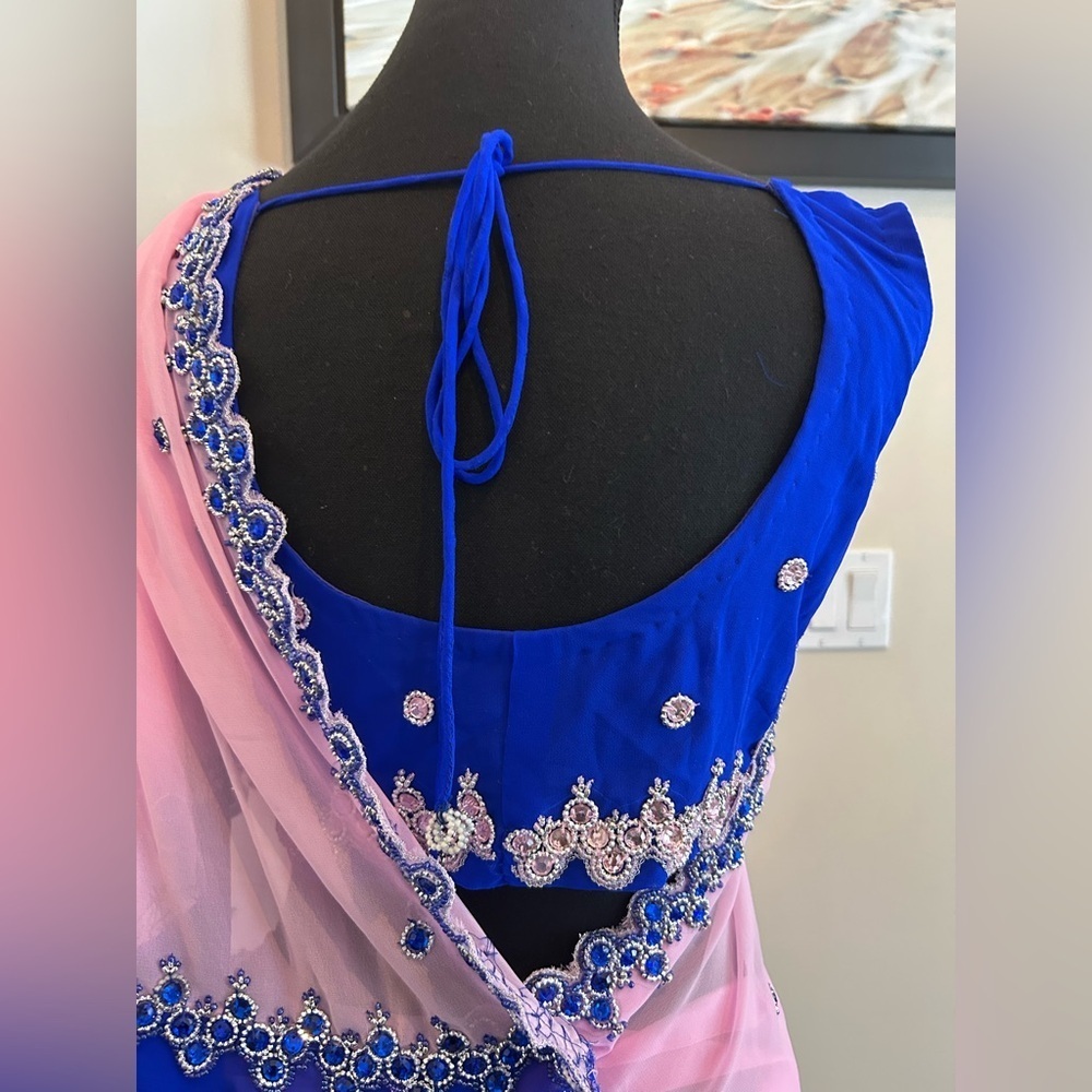Blue & Blush Pink Embellished Saree with Ready-Made Blouse - Picture 7 of 9